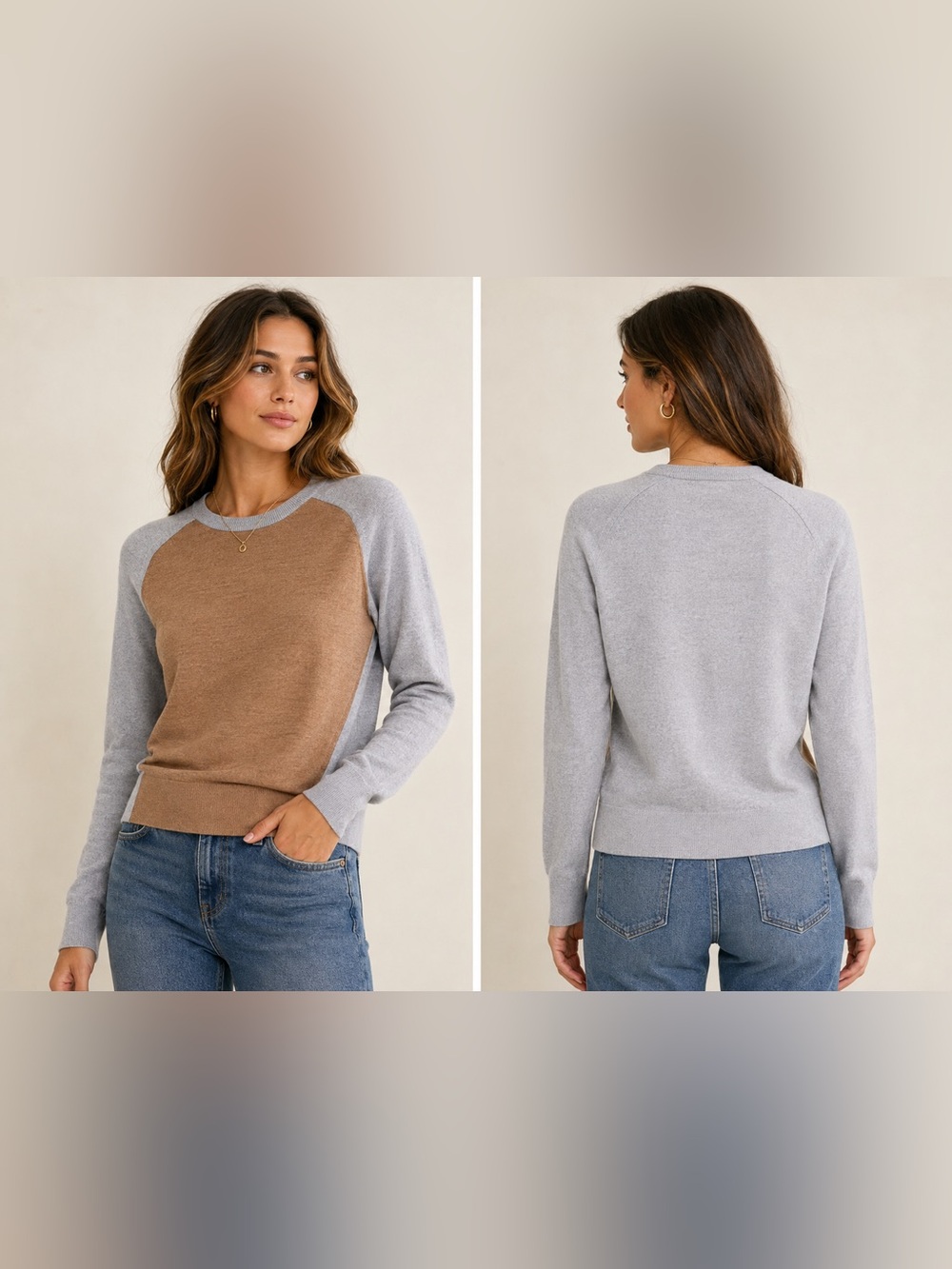 Banana Republic Merino Wool Sweater M Colorblock Camel Gray Raglan Quiet Luxury